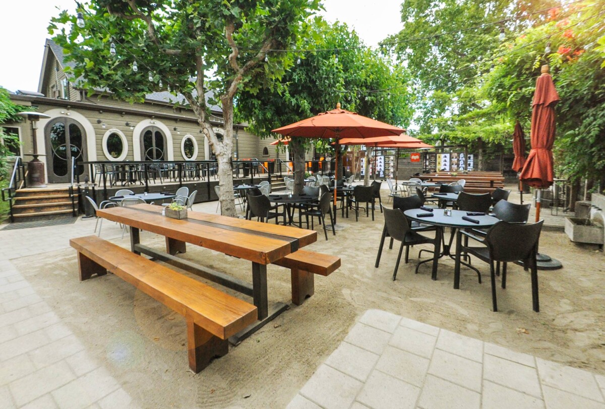 Outdoor seats and tables in HopMonk Tavern Sonoma in Sonoma, California