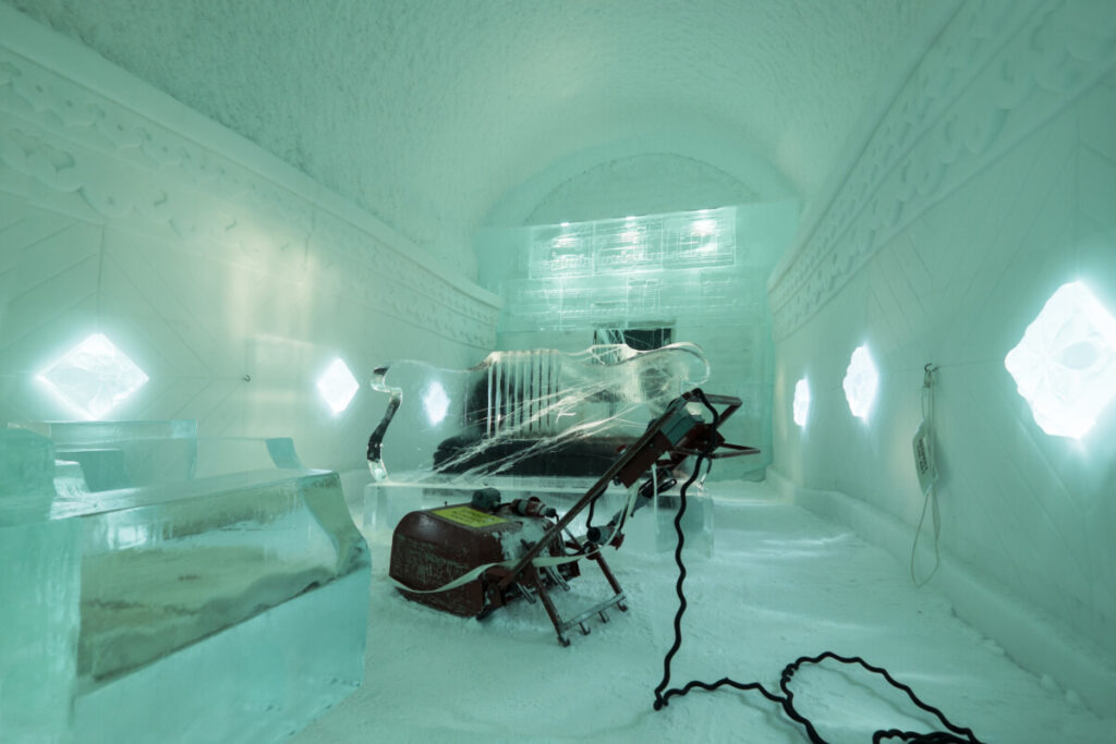 Suite and room under construction and installing arts of ICEHOTEL Sweden Room in Jukkasjarvi, Sweden