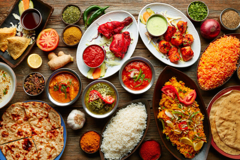 Assorted Indian food on a table