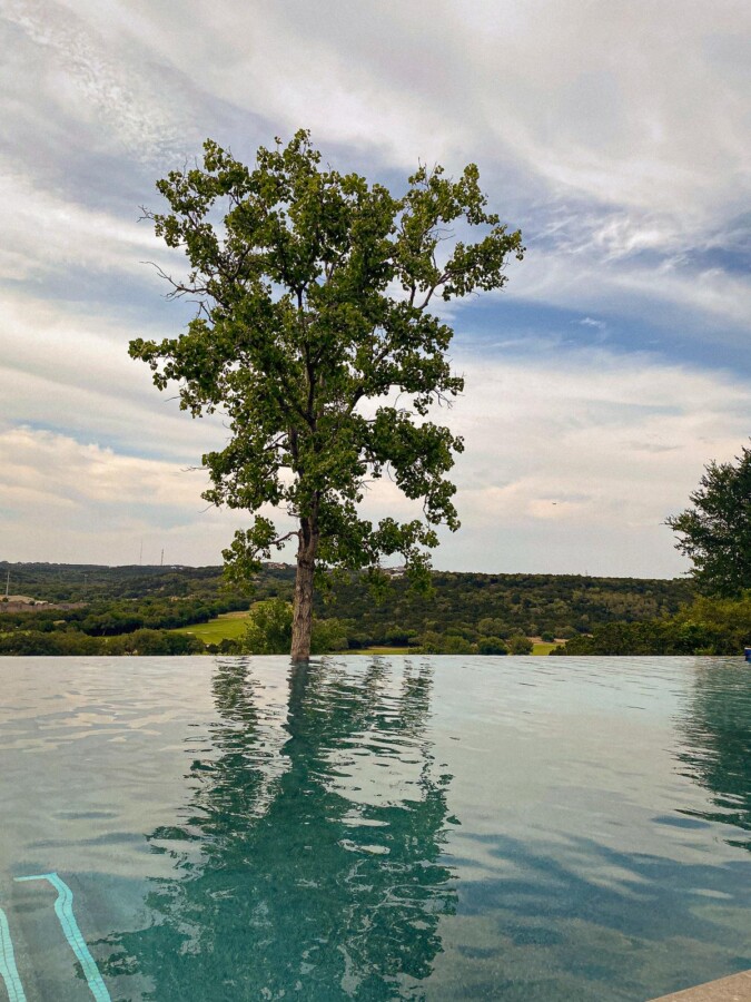 Infinity pool at La Cantera Hill Country Resort, Texas, with tree reflection