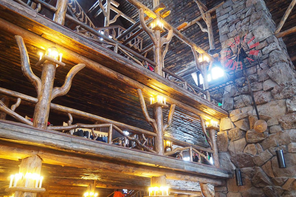Inside Old Faithful Inn - Grand Lobby with Fireplace and Rustic Decor