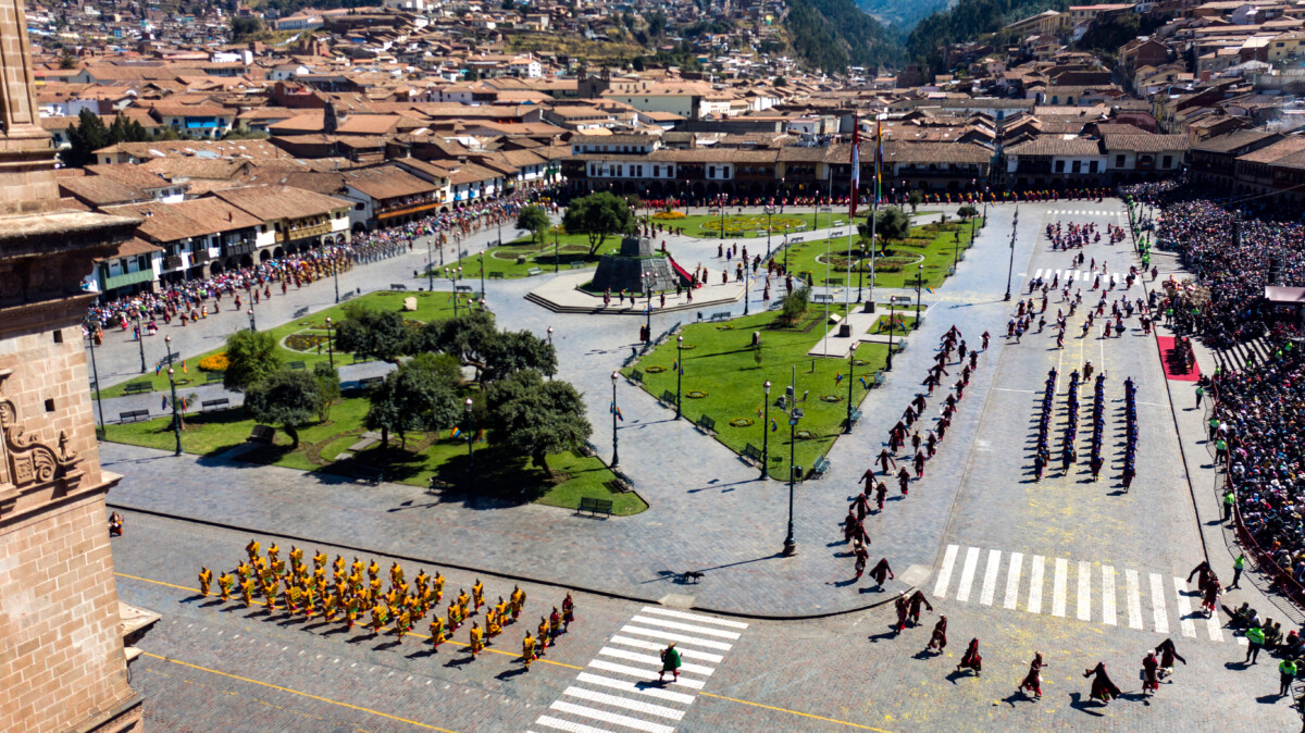 Aerial view of Inti Raymi Festival in Plaza de Armas and the Inti Raymi Festival perfromers