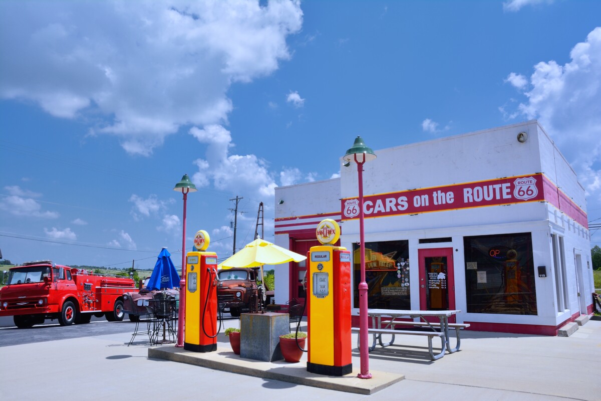 Front and exterior of the Kan-O-Tex Service Station on Highway 66 in Galena, Kansas