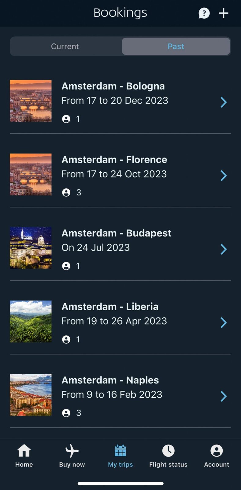KLM mobile app interface for easy European flight bookings from Amsterdam