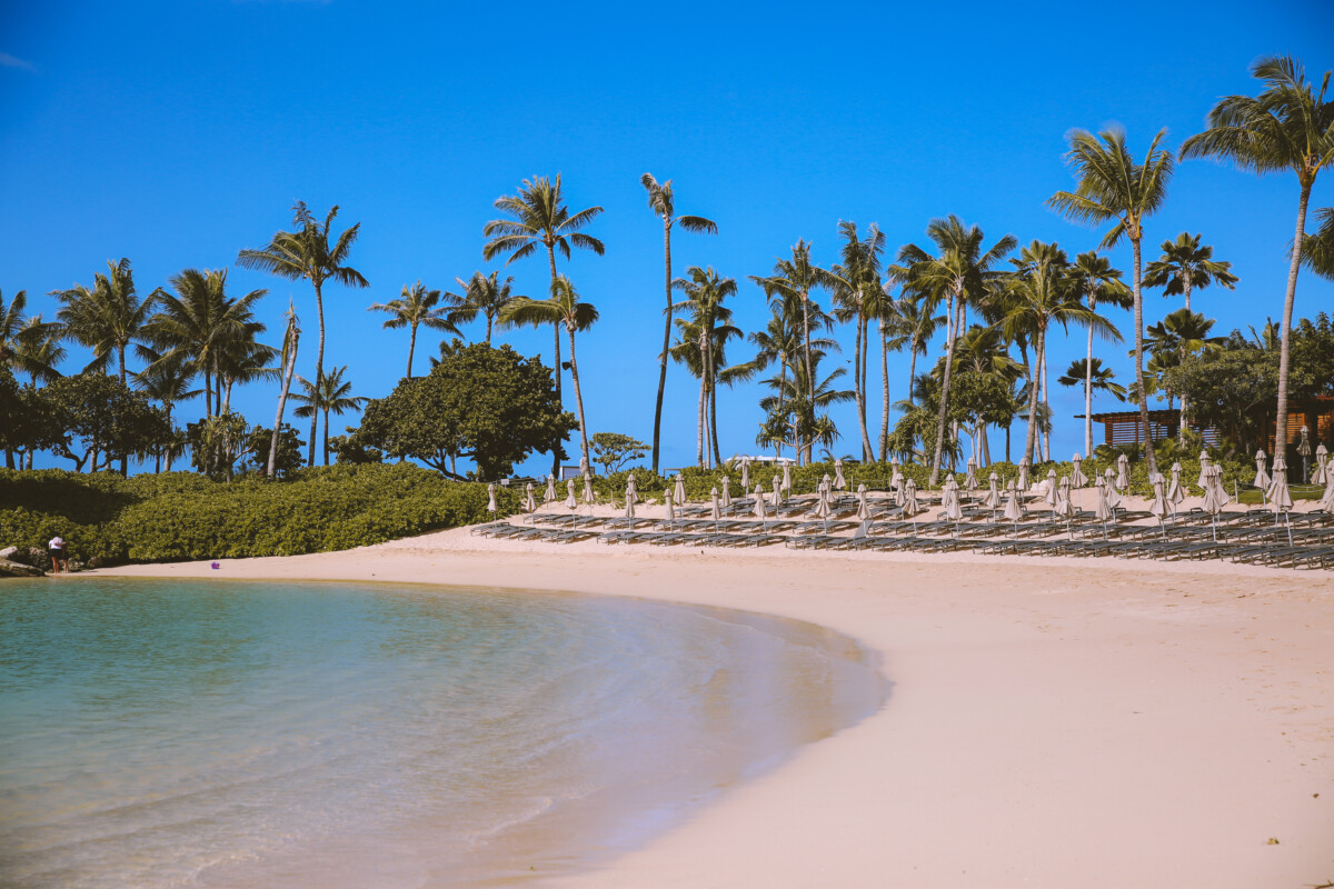 Beach lounge chairs at Ko Olina Lagoon in West Oahu, Hawaii