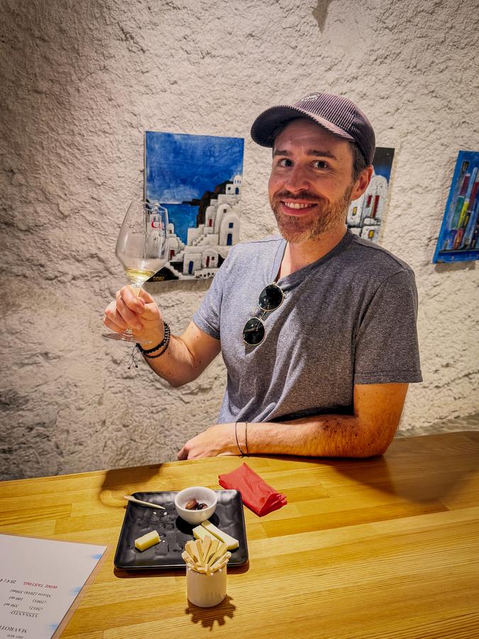Santorini wine tasting at Art Space Winery, scenic vineyards, cultural ambiance, Greece