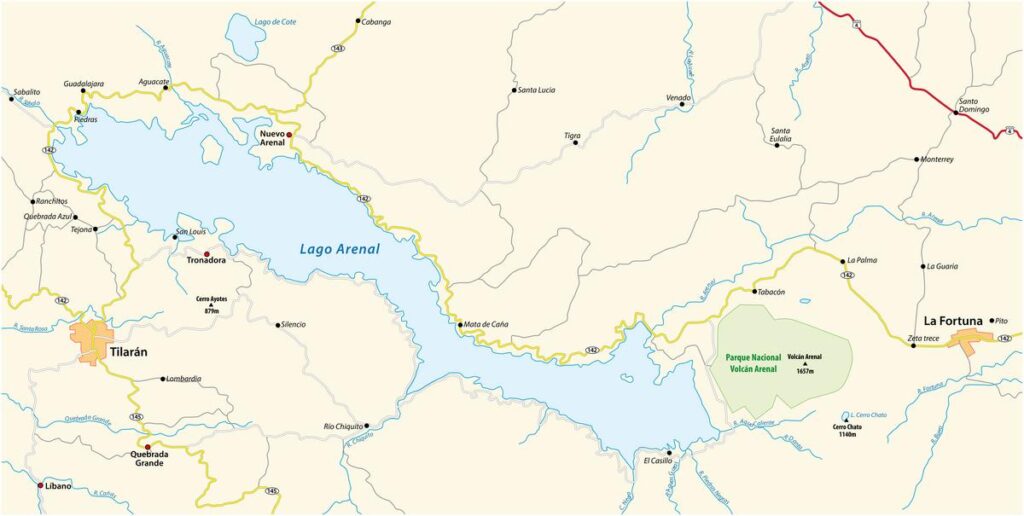 Detailed map of Lake Arenal with key locations marked, including Nuevo Arenal town, Tilarán, and Arenal Volcano National Park.