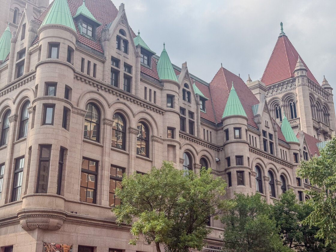 Landmark Center in Saint Paul, Minnesota, with historic Romanesque Revival architecture and turrets.