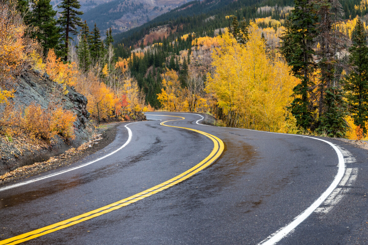 A winding, wet mountain road amid autumn hues