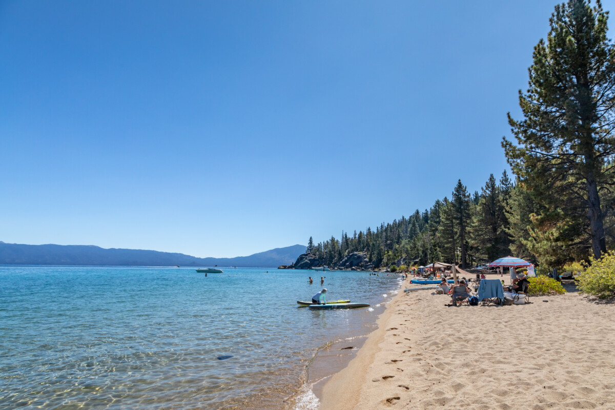 Panoramic view of the Lester Beach on a sunny day in D.L. Bliss State Park, Lake Tahoe