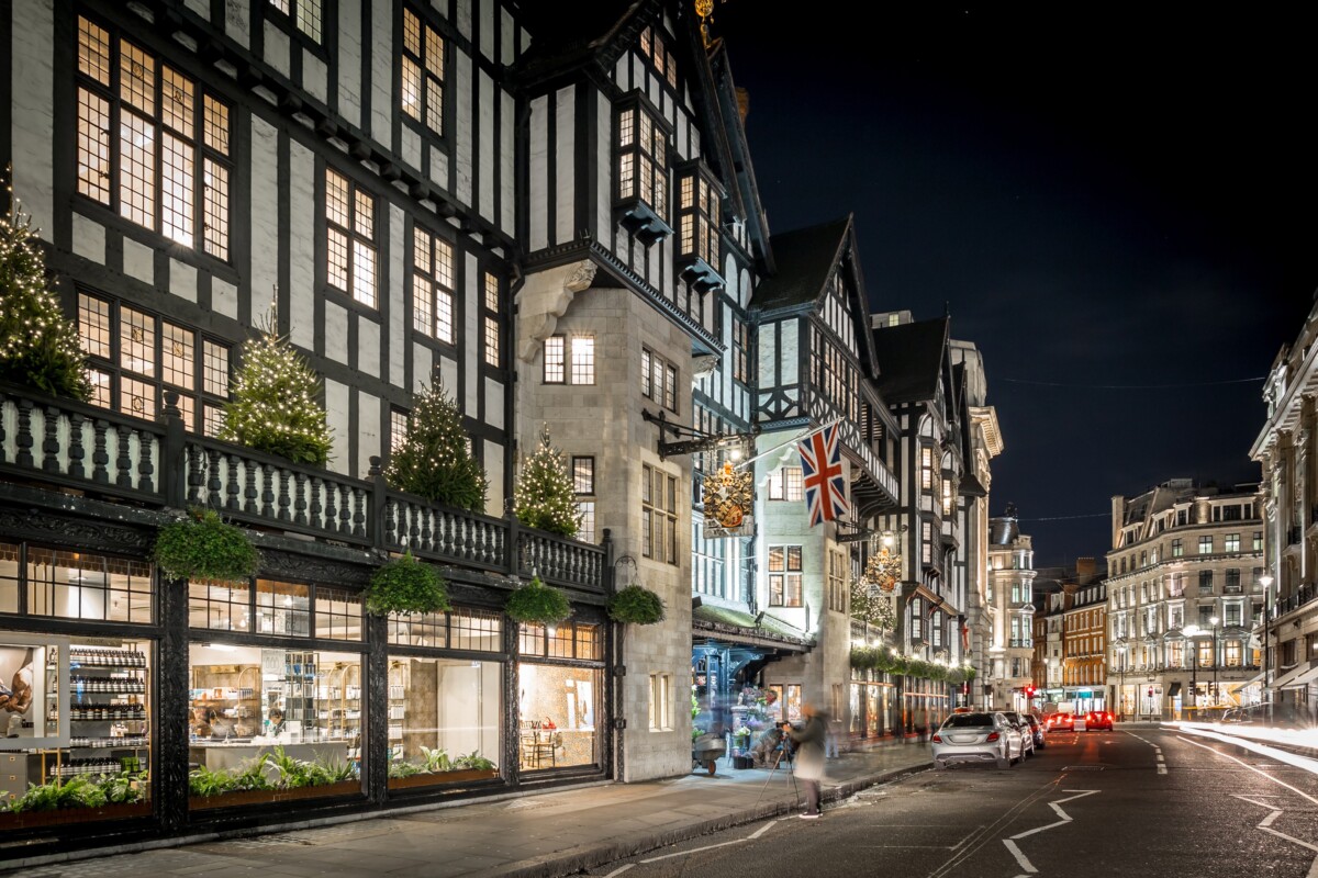 Liberty London Department store at night