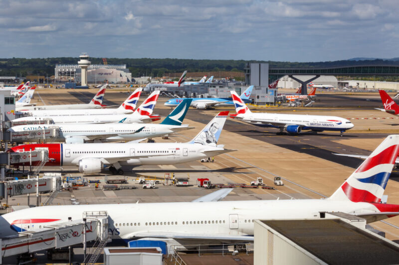 London Gatwick Airport shows a row of airplanes and airline liveries on the busy apron.