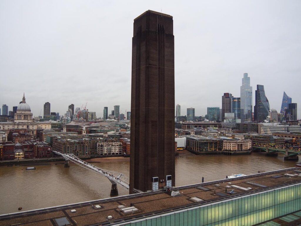 London skyline view from Tate Modern: St. Paul's Cathedral, Millennium Bridge, River Thames, and cityscape contrast.