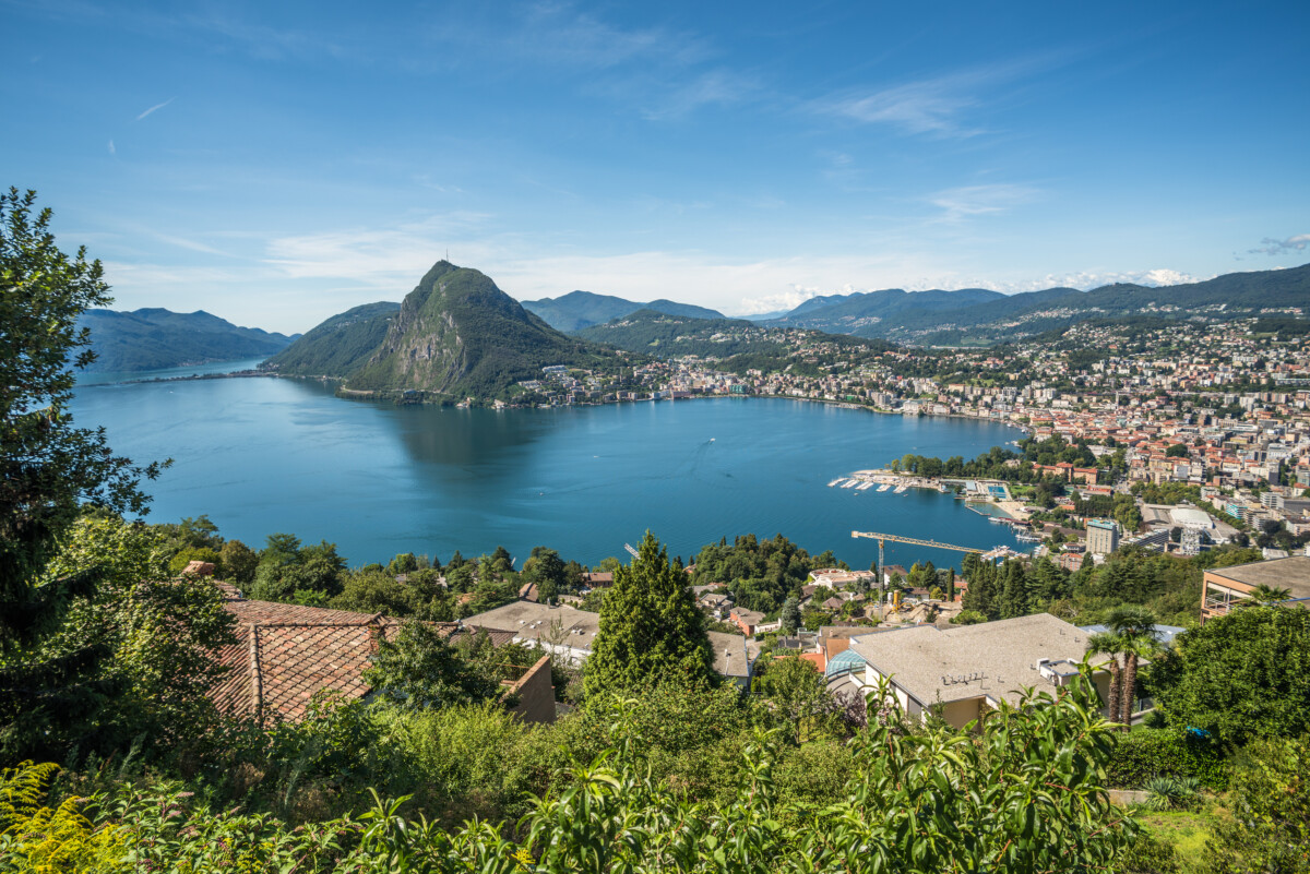 Aerial and panoramic view of Lugano city at Ticino canton region in Switzerland