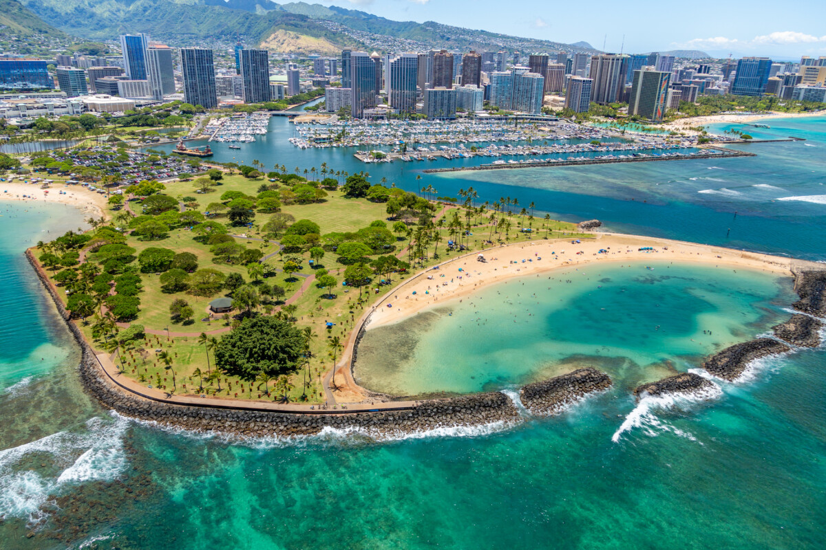 Aerial view of Magic Island in Oahu, Hawaii