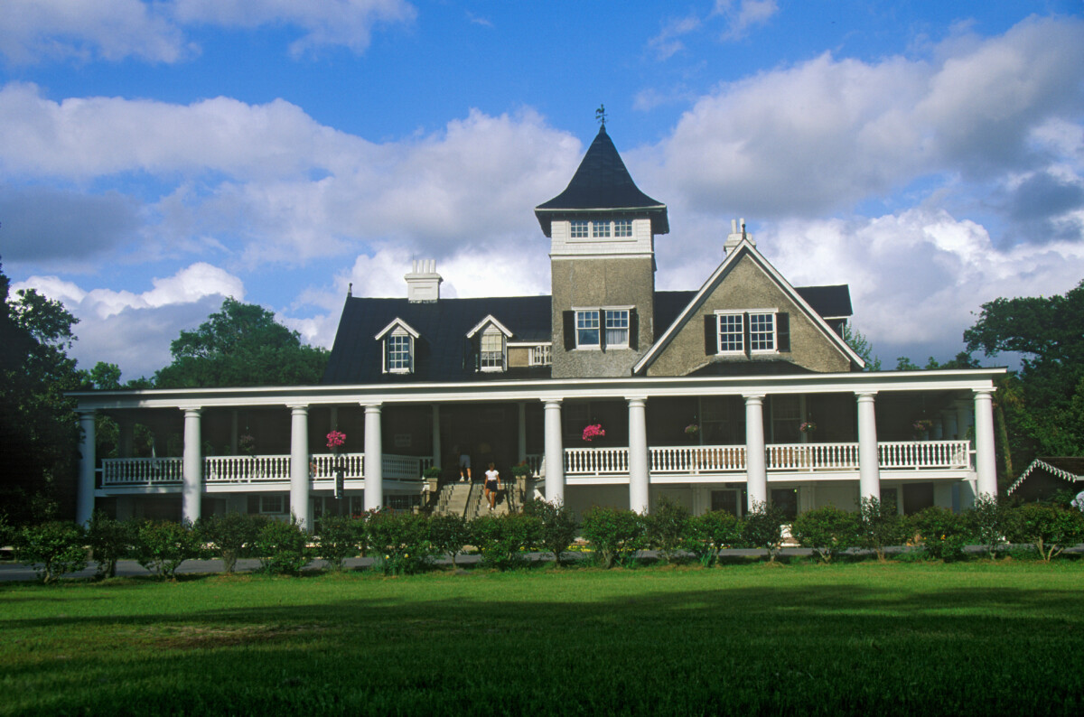 Historic house framed by gardens at Magnolia Plantation and Gardens