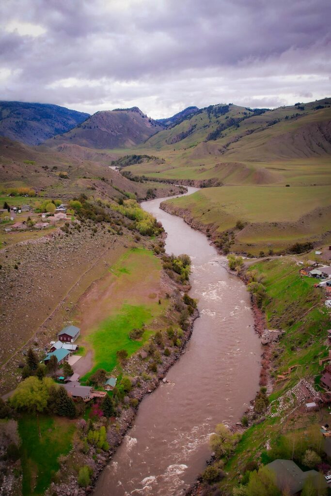 Majestic Aerial View of Gardiner River, Montana near Yellowstone National Park