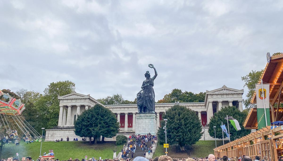 Majestic Bavaria Statue overlooking Theresienwiese, Munich during Oktoberfest celebrations