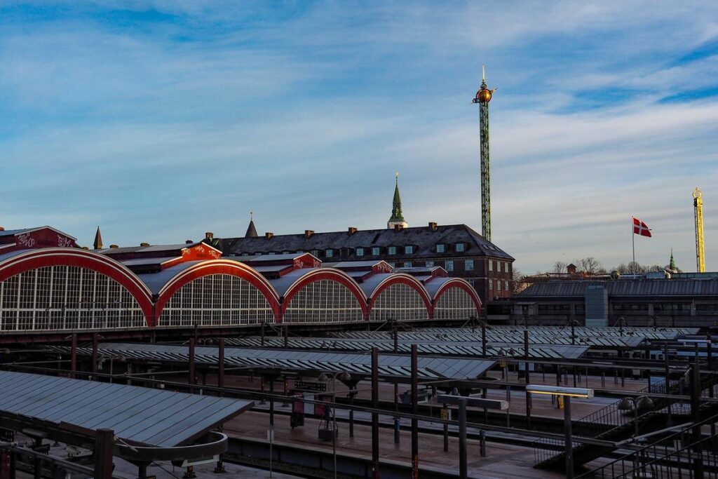 Copenhagen Central Station and Tivoli Gardens at twilight