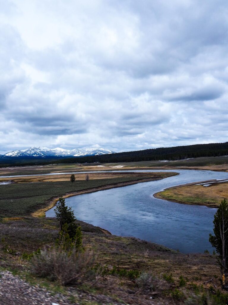 Yellowstone River winding through scenic park with mountain backdrop.
