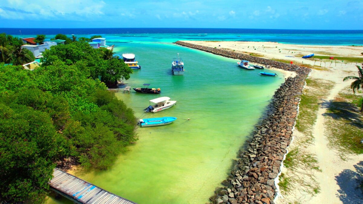 Huraa Island - Maldives - Aerial view of the harbor exit