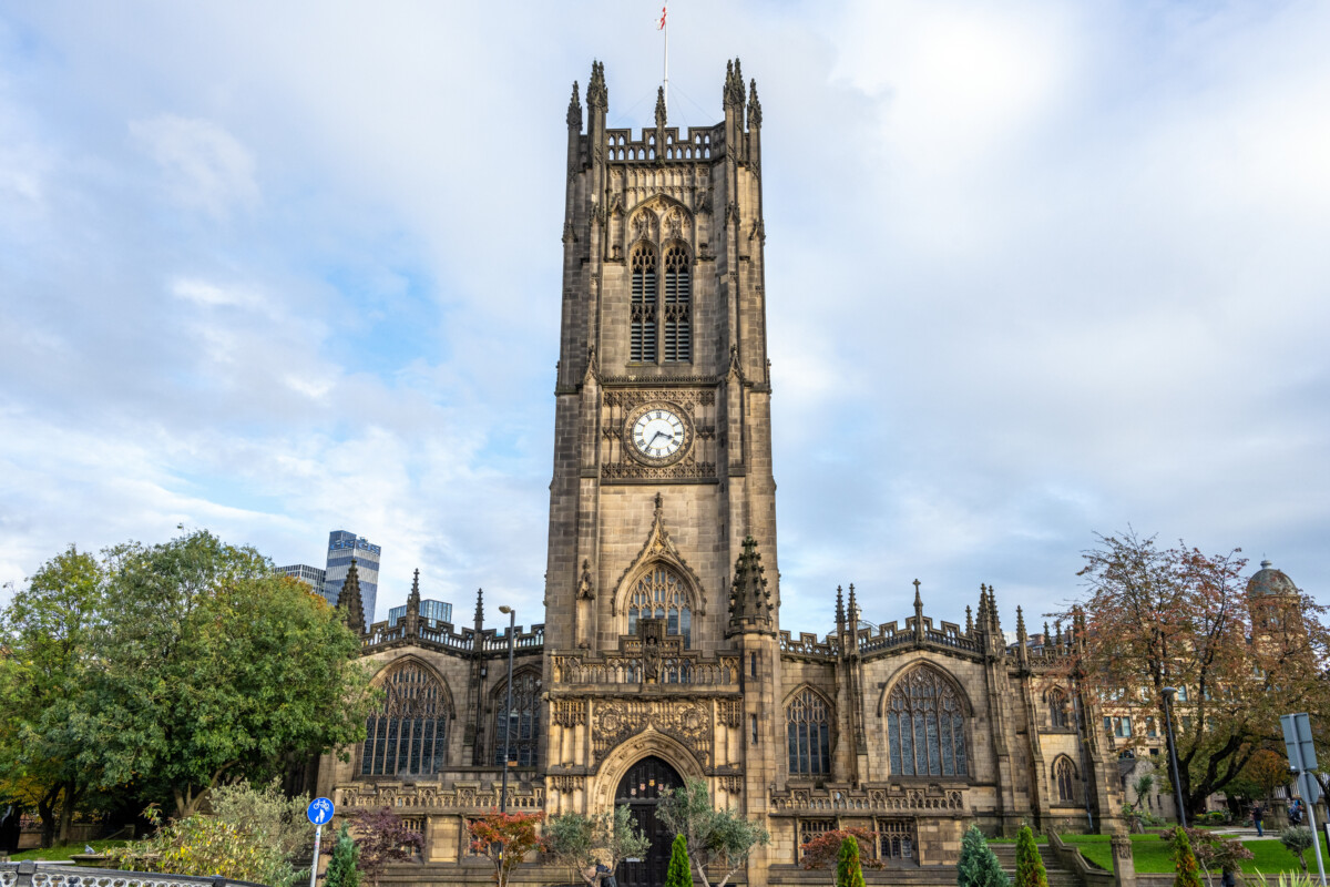 Exterior and the beautiful facade of the Manchester Cathedral in Manchester