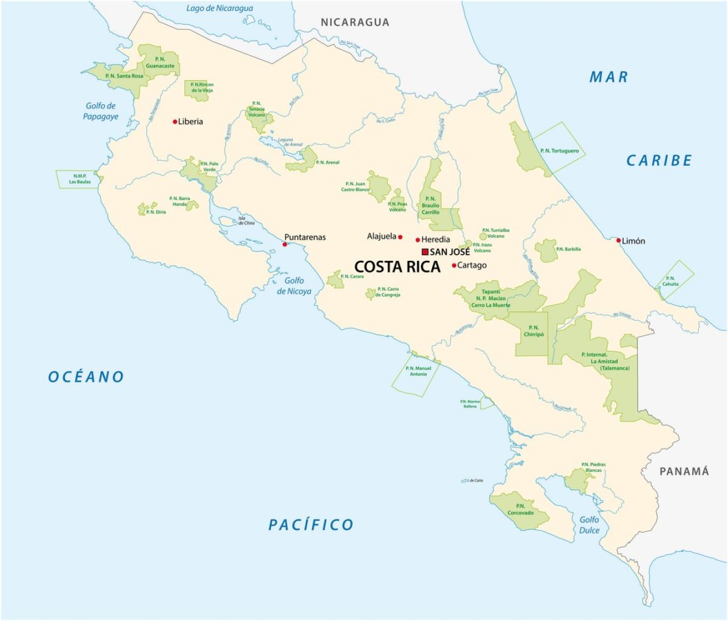 Map of Costa Rica's national parks including Tortuguero, Arenal, Corcovado, San José, and Limón.