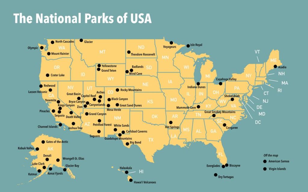 USA National Parks Map showcasing major national parks from coast to coast, including Yellowstone, Grand Canyon, and Yosemite.