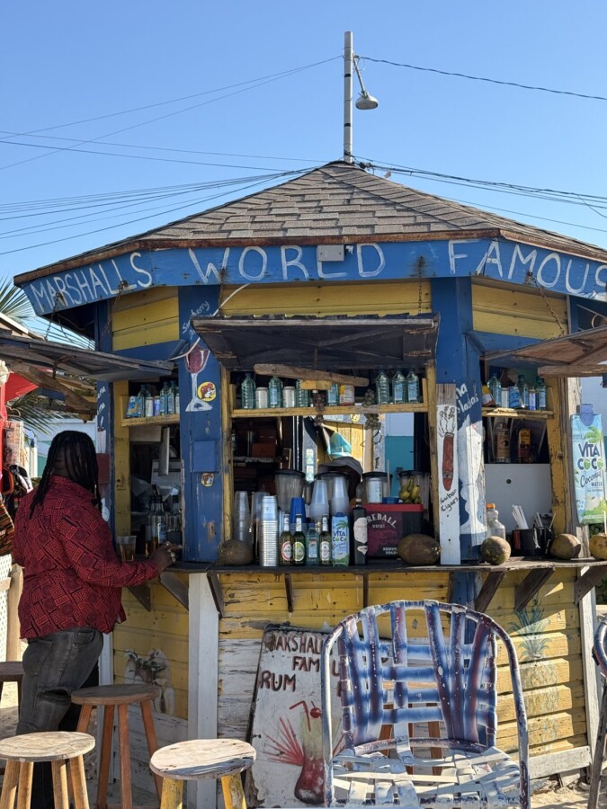 Marshall's World Famous daiquiri stand, a hand-painted blue-and-yellow beach shack near Junkanoo Beach in Nassau