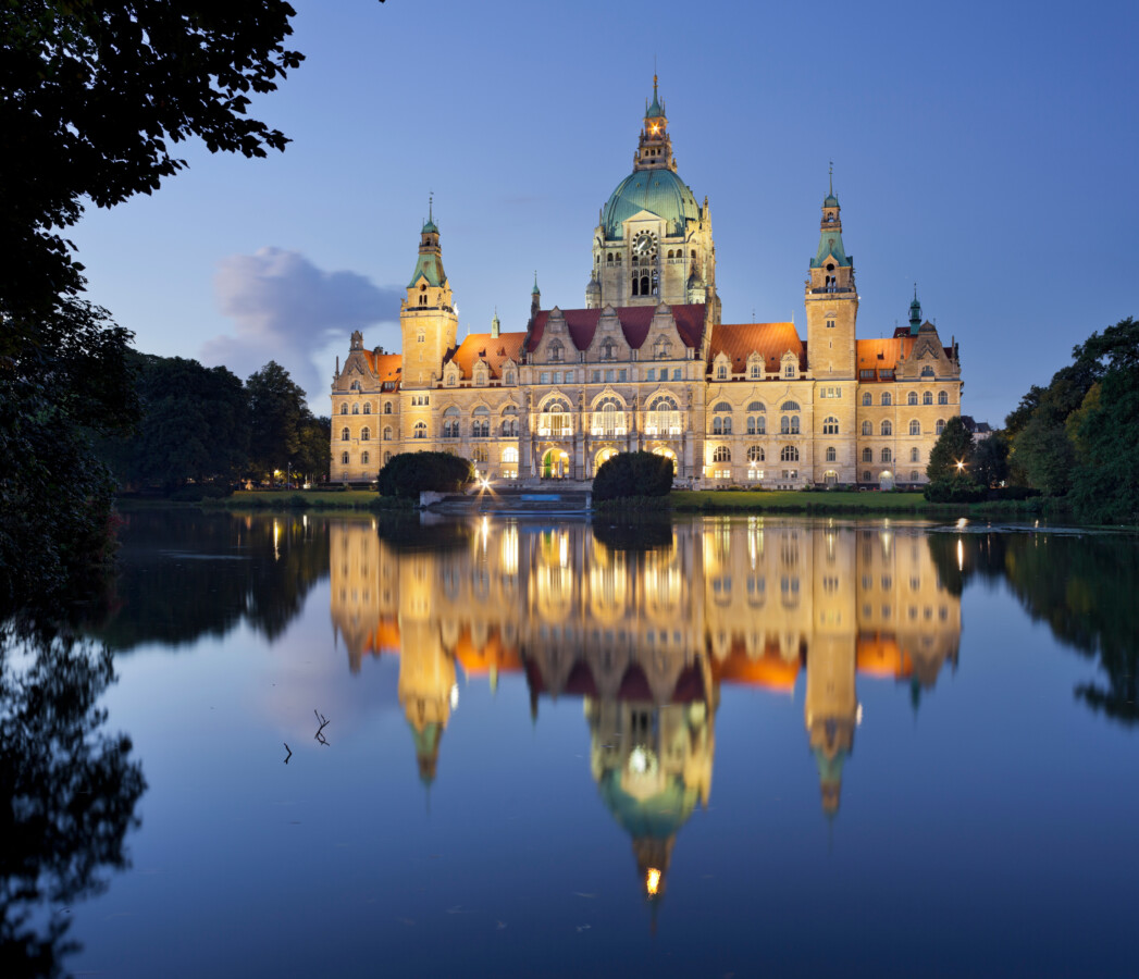 Hanover New Town Hall reflected in the pond at Maschpark