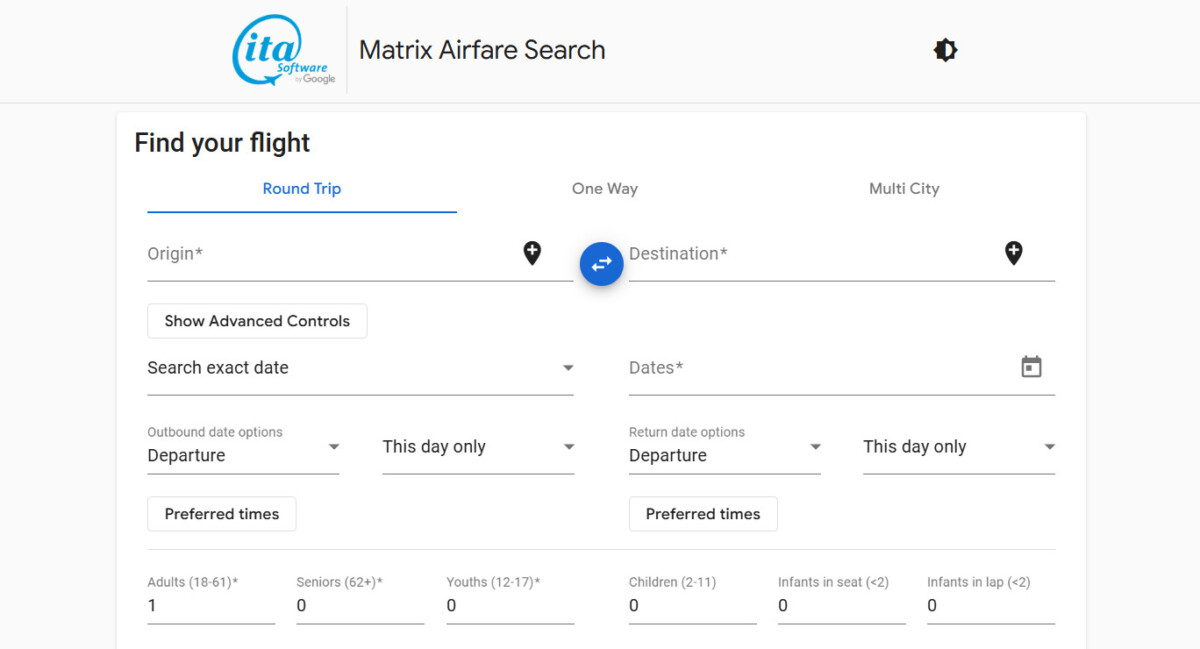 Matrix Airfare Search flight form among Skyscanner alternatives.