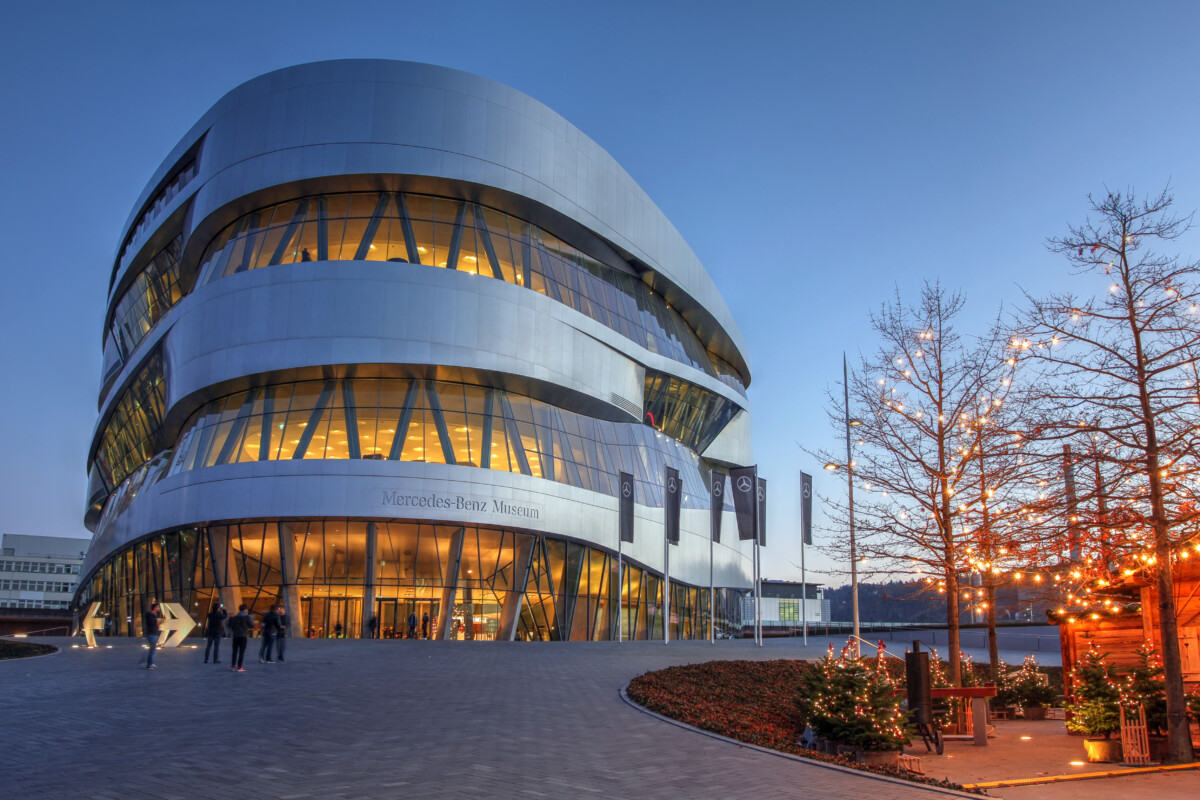 Mercedes-Benz Museum at night in Stuttgart, Germany