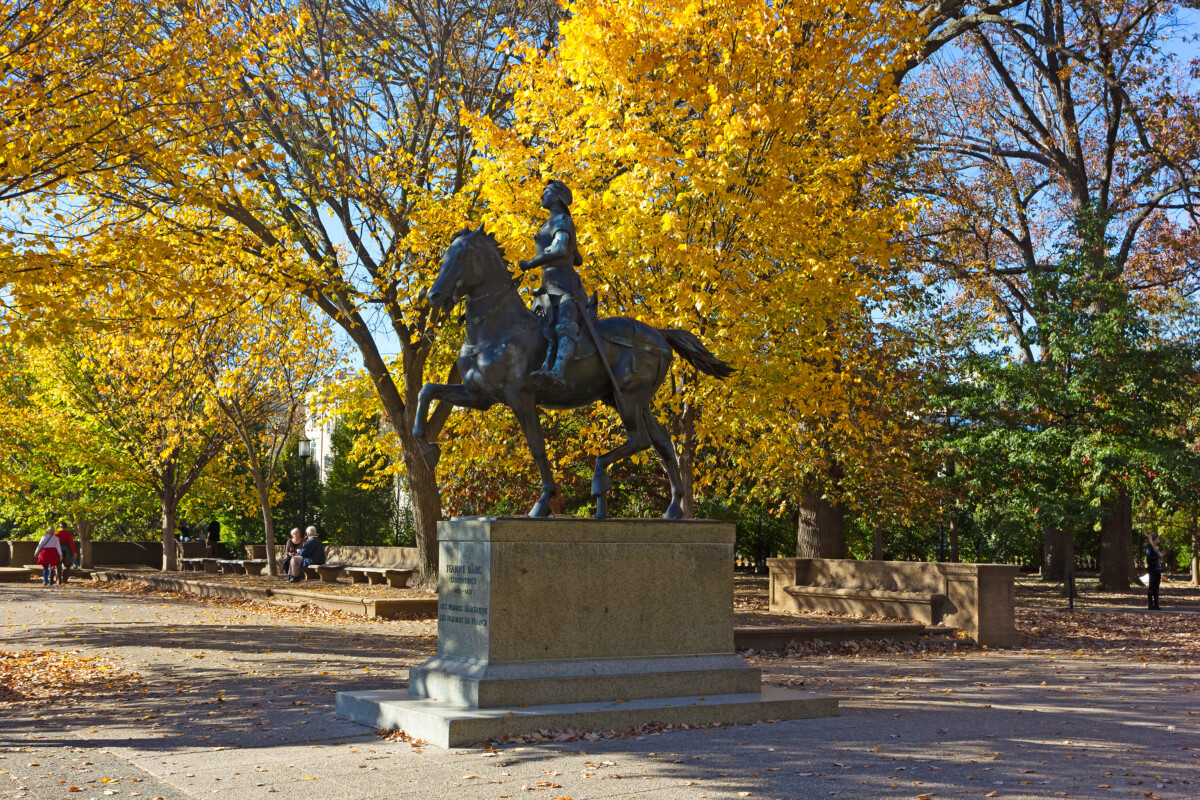 Washington DC's bronze equestrian statue of Joan of Arc in Meridian Hill Park.