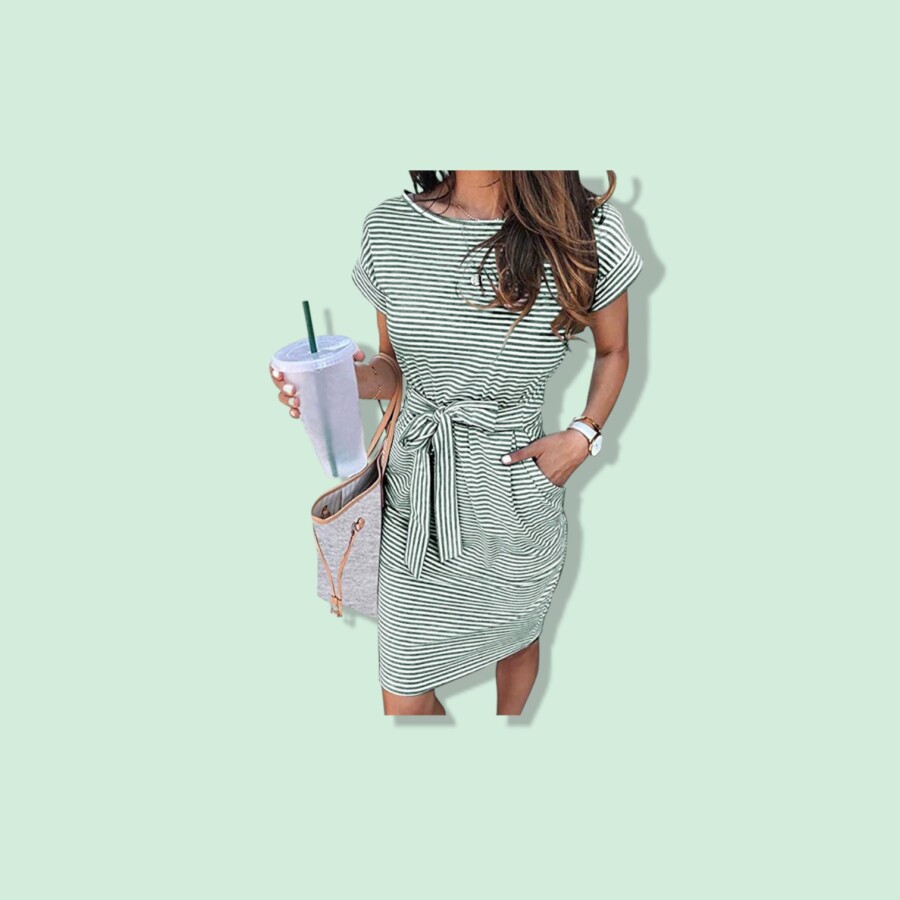 MEROKEETY Women's Summer Striped Short Sleeve T-Shirt Dress with Pockets