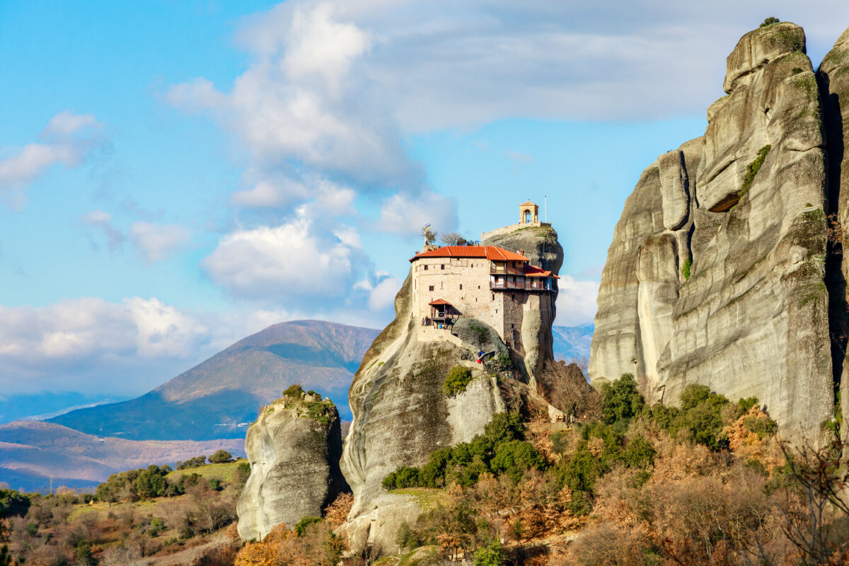 Agios Nikolaos Anapafsas Monastery atop Meteora rock pillars, Kalambaka, Greece.