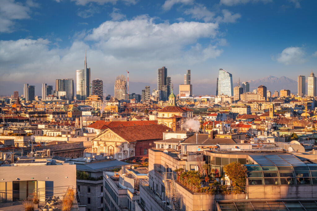 Sunset view and the cityscape of Milan, Italy