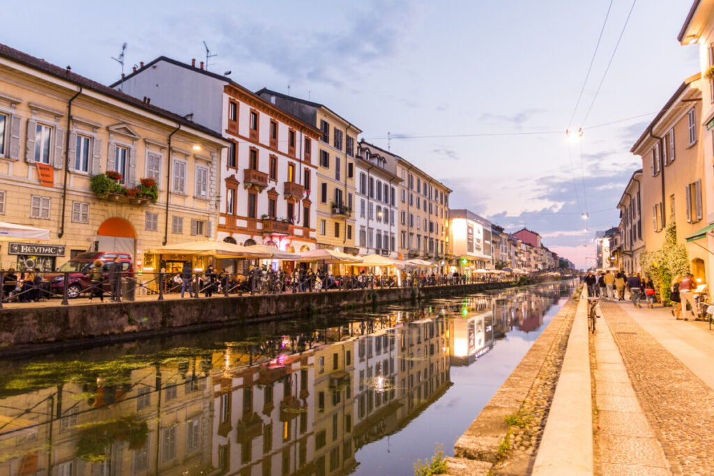 Establishments and river sunset view in Milan, Italy