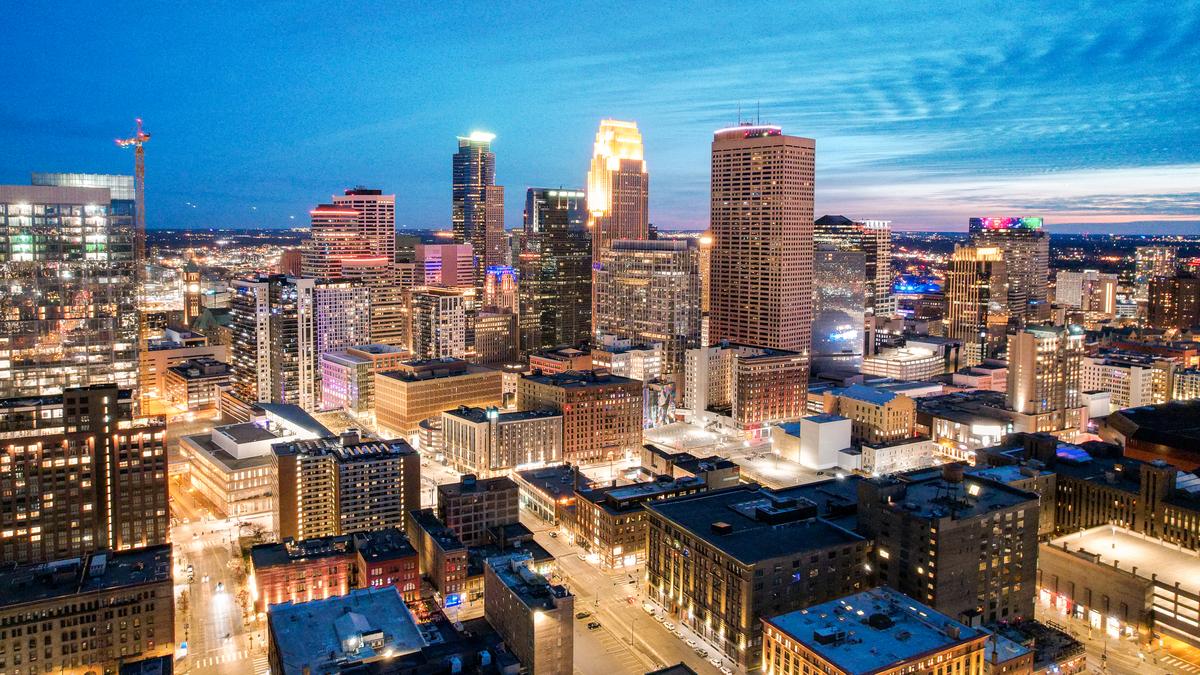 Minneapolis skyline illuminated at twilight