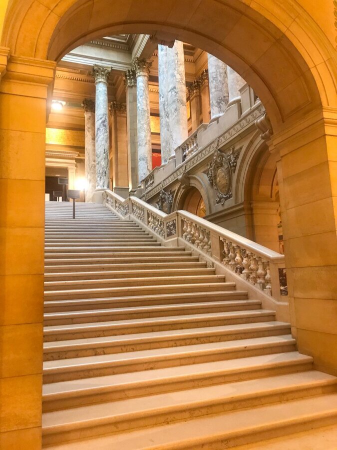 Marble grand staircase inside the Minnesota State Capitol