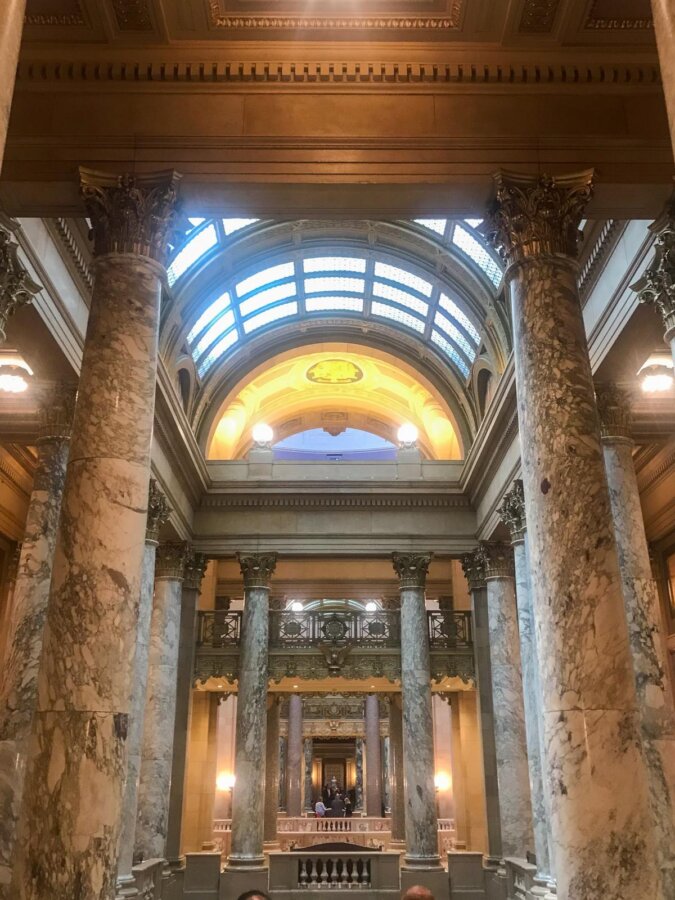 Minnesota State Capitol rotunda with marble columns and ornate ceiling