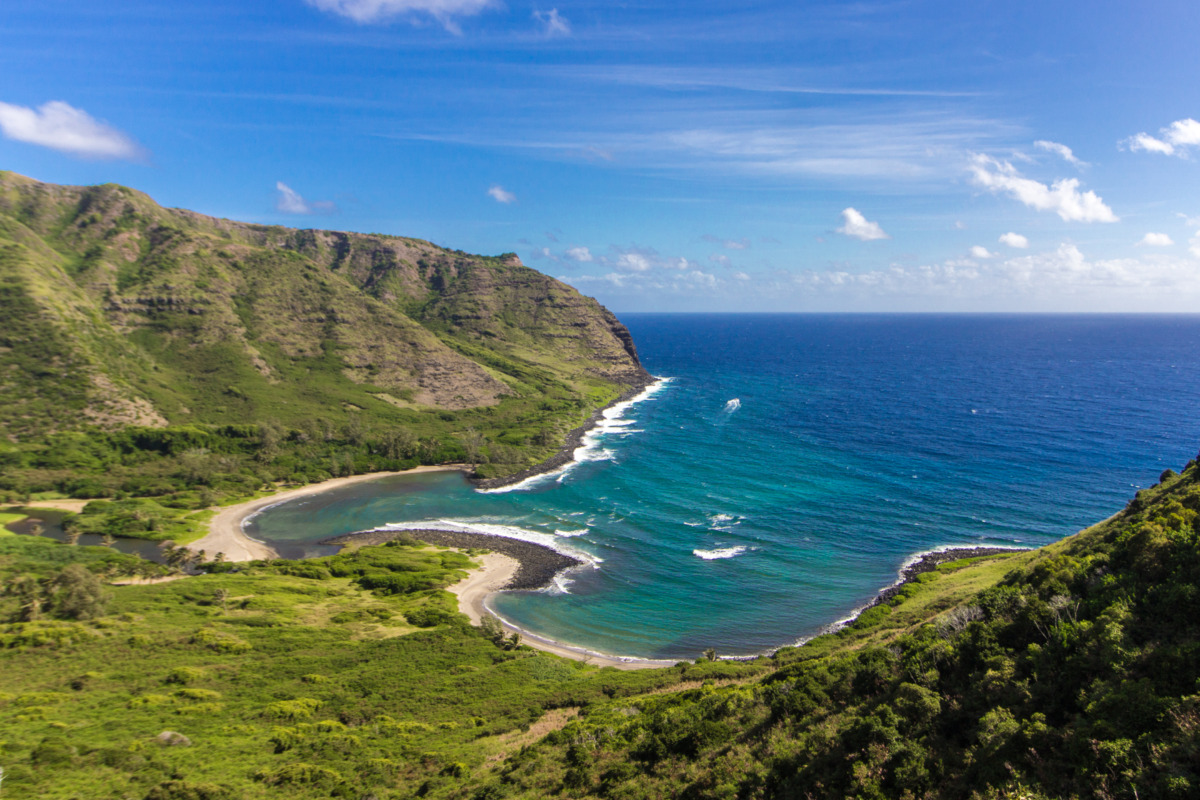 Aerial view of the Molokaʻi Island's Halawa Bay in Hawaii