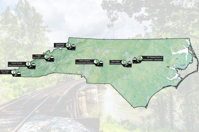 Map of scenic train rides in North Carolina