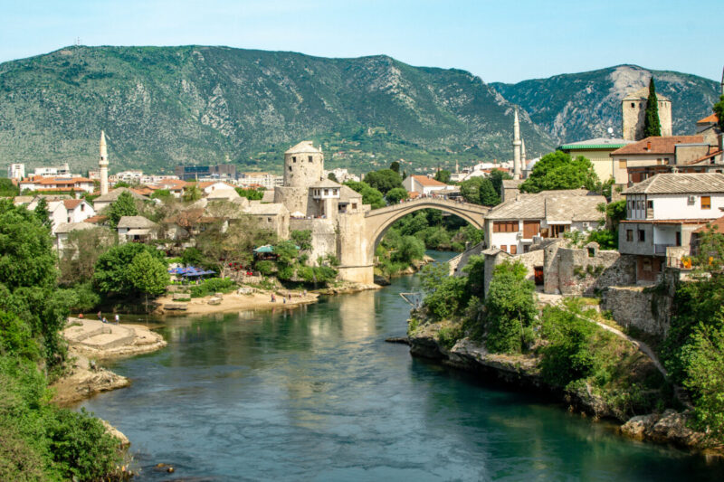 View of the old town and famous stone bridge in Mostar, Bosnia and Herzegovina