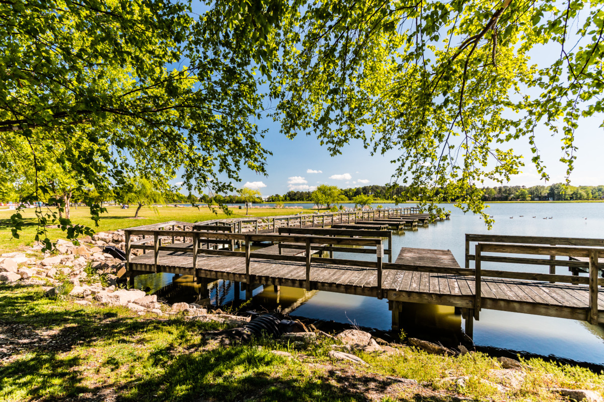 Lake and boat dock at Mount Trashmore Park in Virginia Beach, Virginia