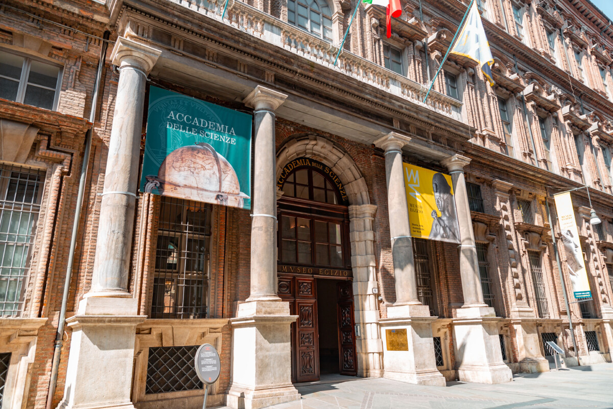 Exterior and teh entrance of the Museo Egizio or the Egyptian Museum in Turin, Italy