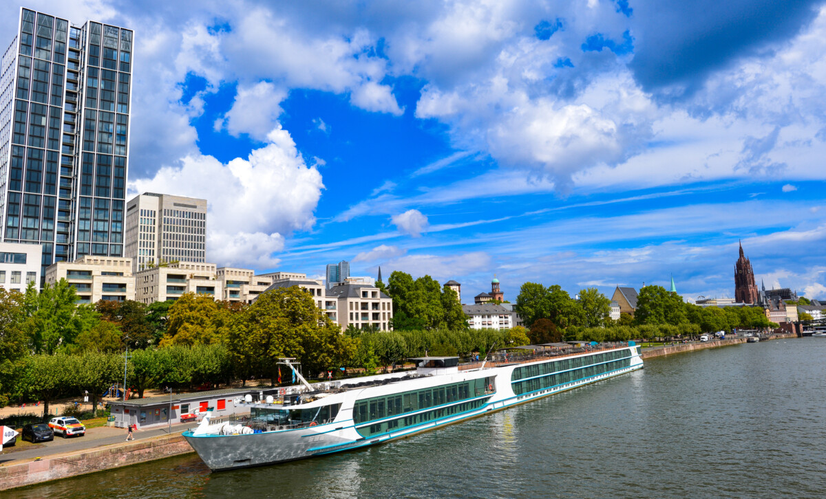 Aerial view of buildings, cruise, and lake in Museumsufer, Frankfurt, Germany