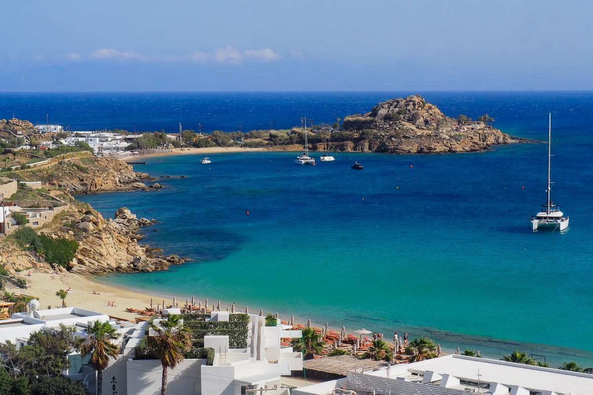 Stunning Mykonos beach view from Myconian Ambassador Relais & Chateaux hotel in Greece