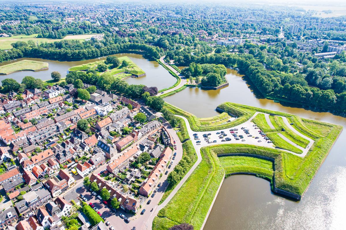 Aerial drone view of historic star-shaped Naarden Fortress in the Netherlands