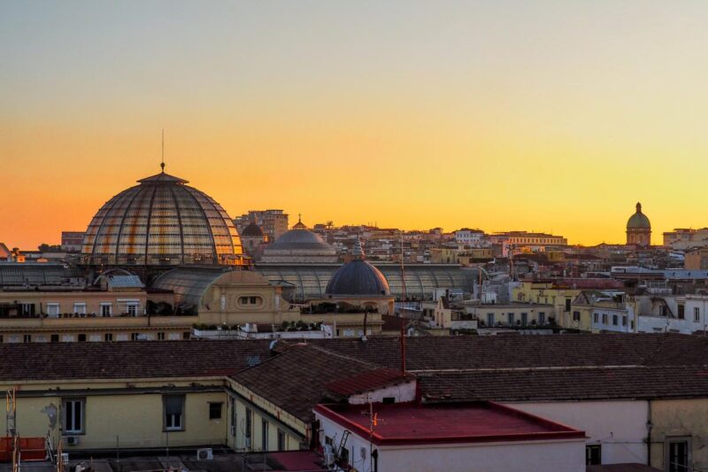 Naples, Italy's Old Town skyline at sunset
