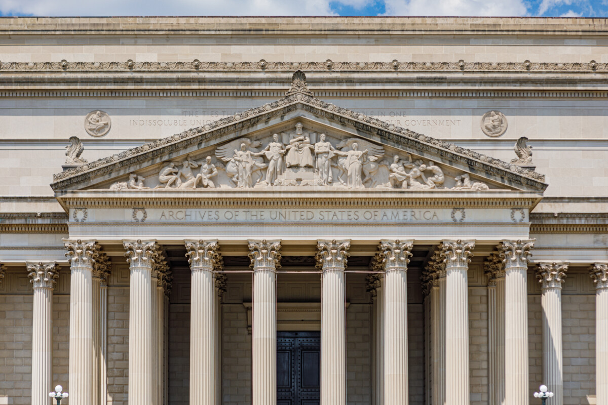 Exterior of the National Archives building located on the National Mall in Washington, DC. 